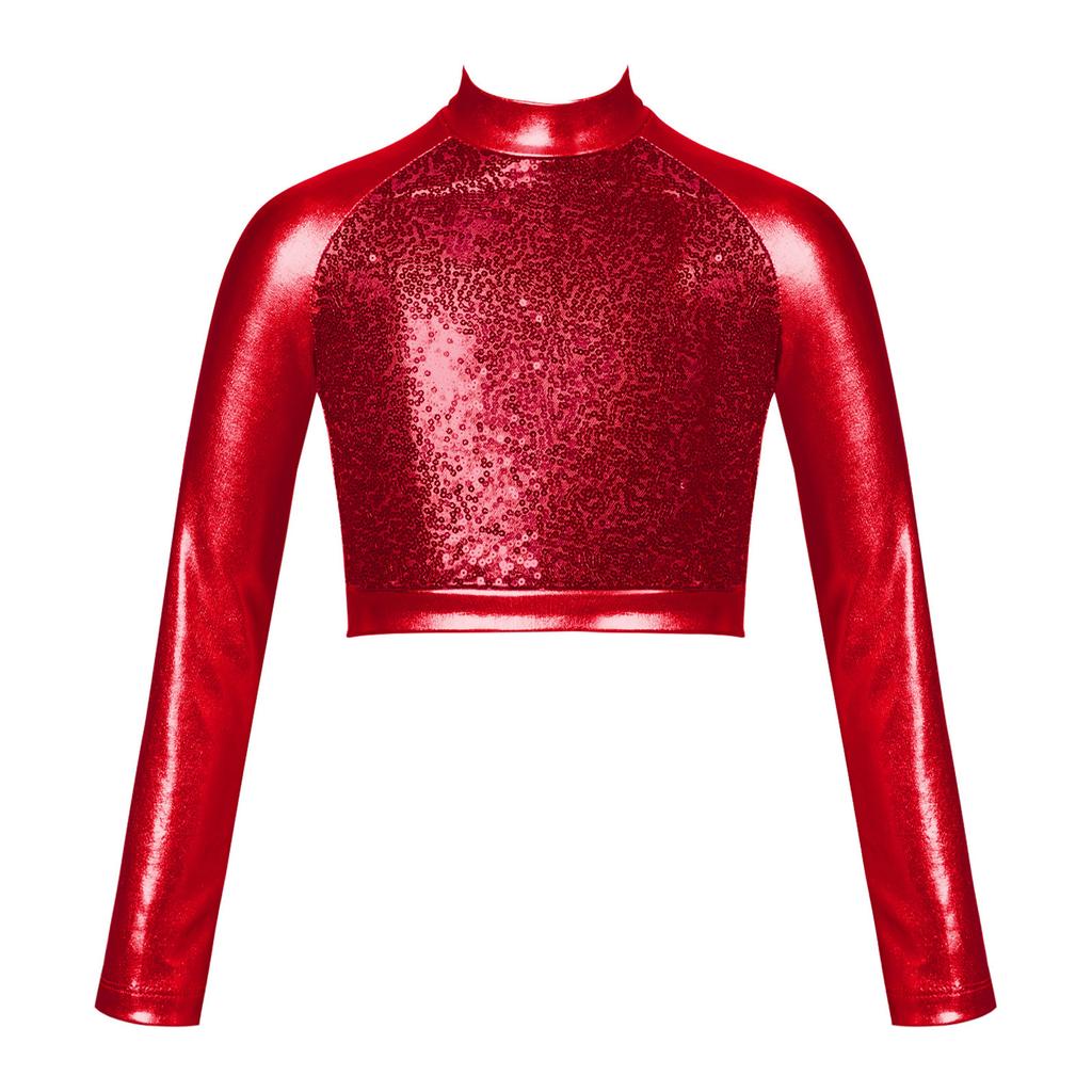 Детский блестящий металлизированный укороченный топ в стиле хип-хоп для девочек, футболка с длинными рукавами и блестками, современная танцевальная одежда для джазового балета