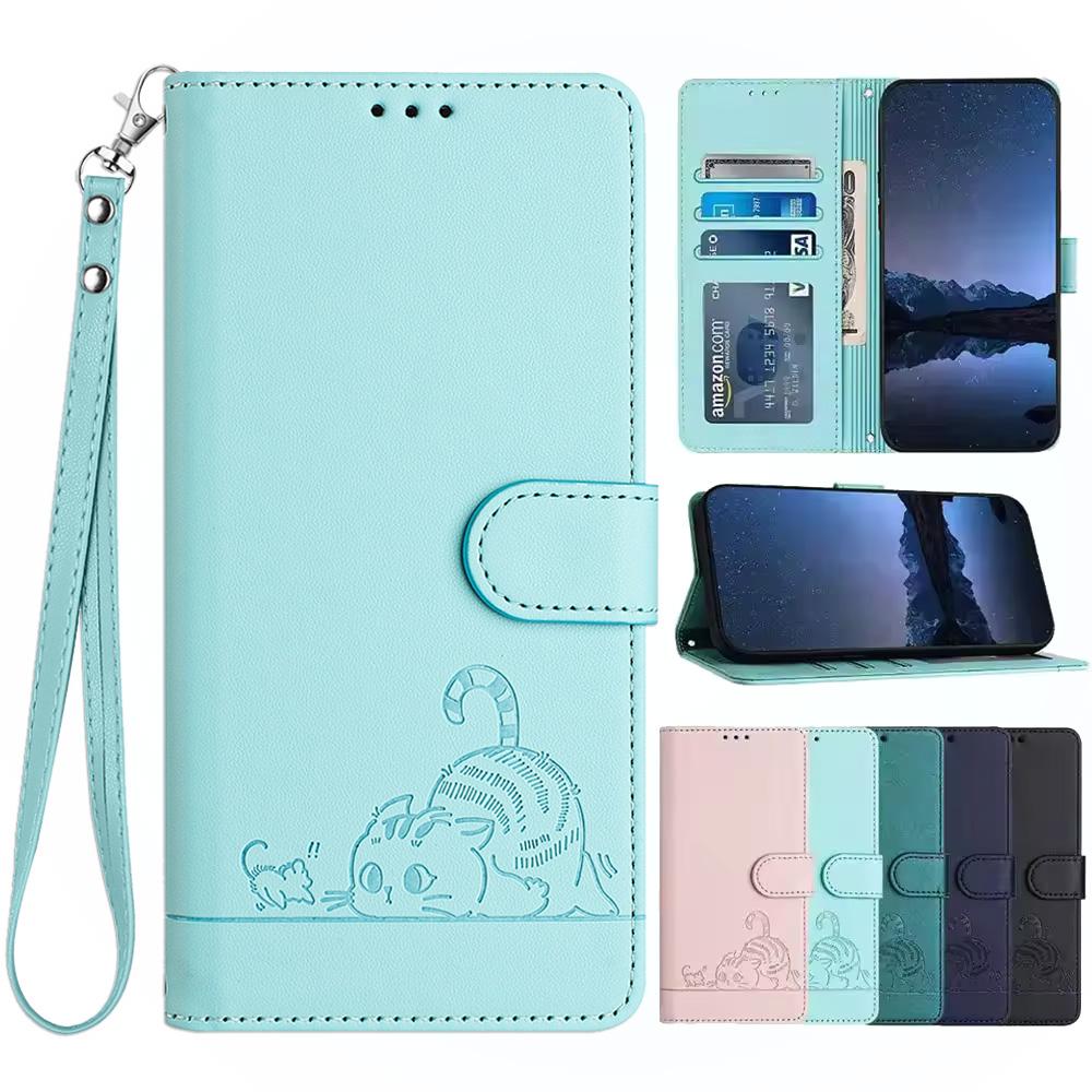 Роскошный ремешок на запястье, кожаный кошелек для телефона с милым котом, чехол-книжка с подставкой для iPhone 15 14 Pro Samsung Galaxy Oppo Moto, откидная крышка со слотом для магнитной карты