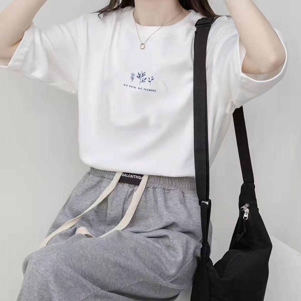 Женская свободная корейская футболка с круглым вырезом, растительными принтами, короткими рукавами и однотонными цветами