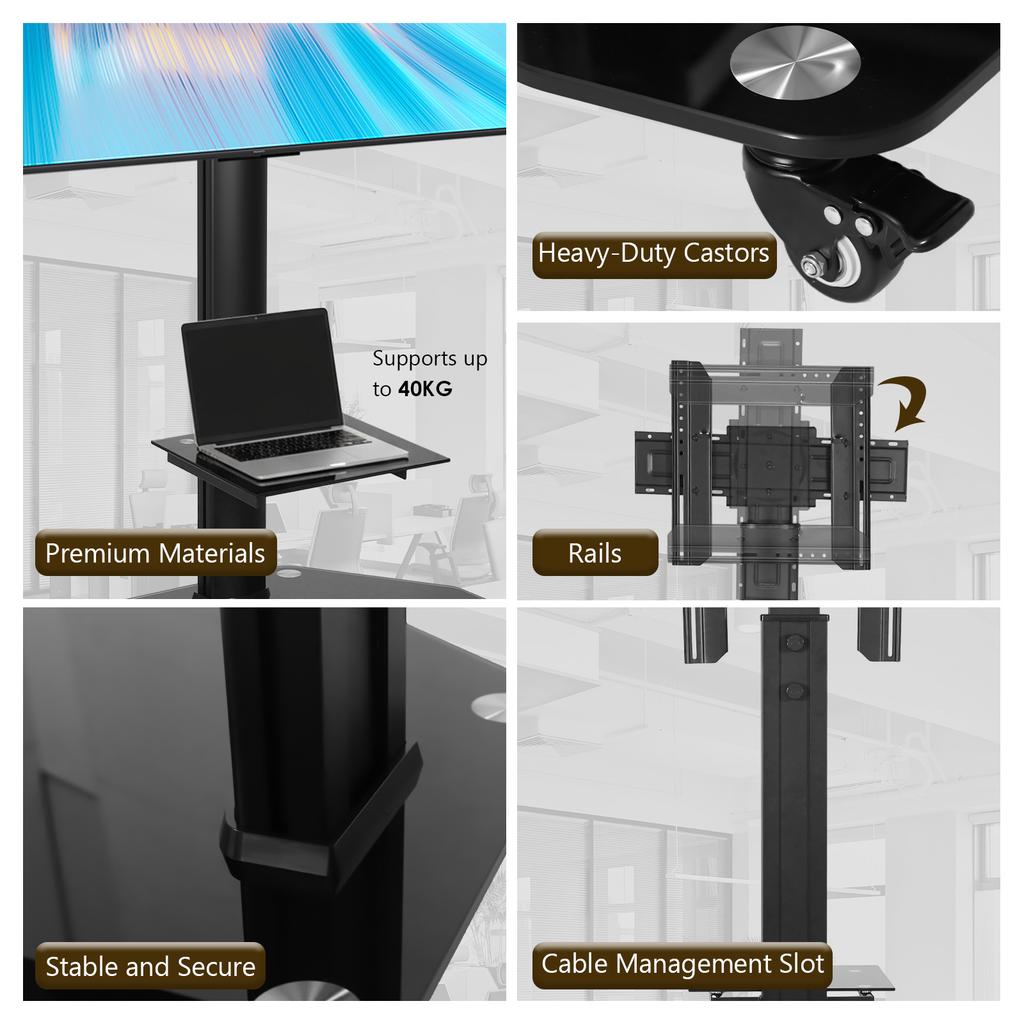 Мобильная подставка для телевизора с регулируемой высотой, передвижная стойка для ТВ на колесах с полкой для экранов 37-70 дюймов, выдерживает до 88 фунтов