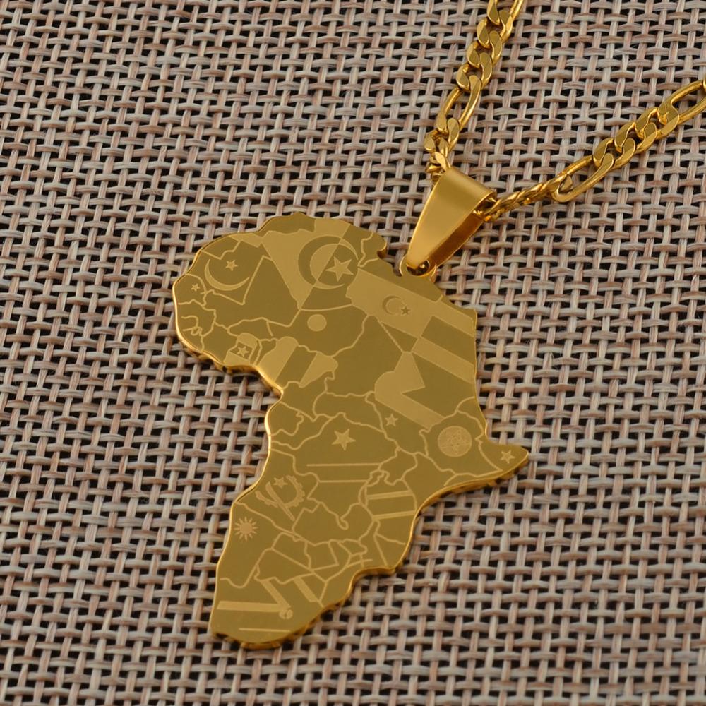 Anniyo Silver Color/Gold Color Africa Map With Flag Pendant Chain Necklaces African Maps Jewelry for Women Men #035321P