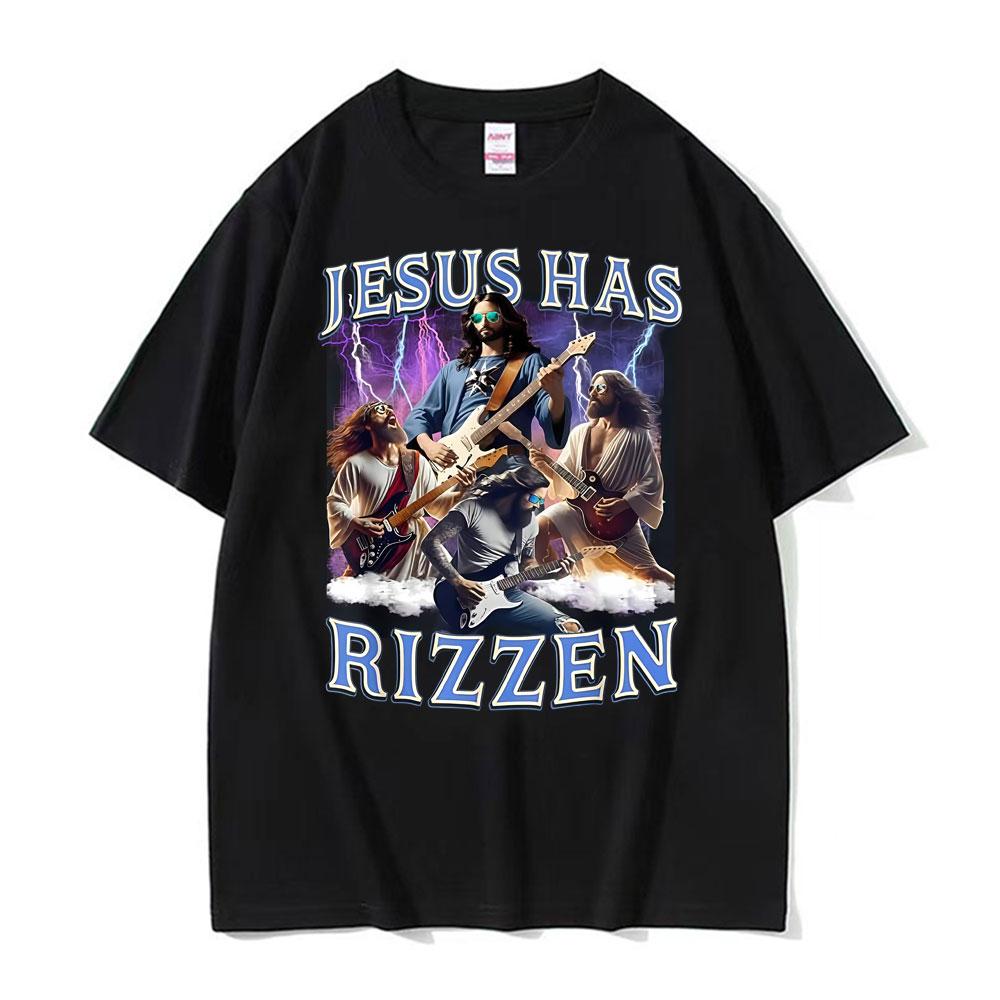 Funny Jesus Has Rizzen Rock Star Tee Shirt Mens Clothing Fashion Gothic Cool T Shirt Unisex High Quality Cotton Summer Tshirts