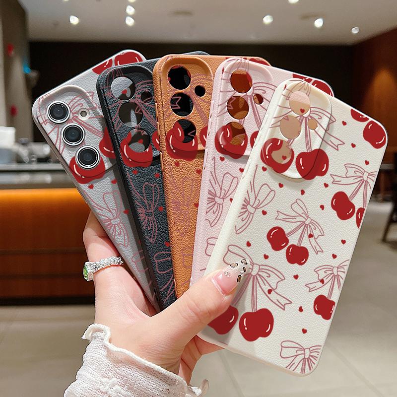 Матовый тонкий чехол с рисунком вишневого банта для Samsung S25 S24 FE S23 Ultra S22 A36 A56 A16 A55 A26 A35 из ТПУ кожи с текстурой, мягкий противоударный чехол для телефона
