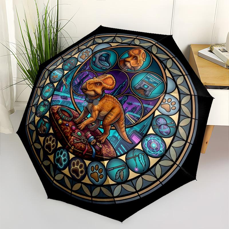 Glass Dinosaur Fantasy pattern umbrella, portable and foldable design, 8 ribs, a casual accessory for Halloween, Christmas, and birthday gifts.