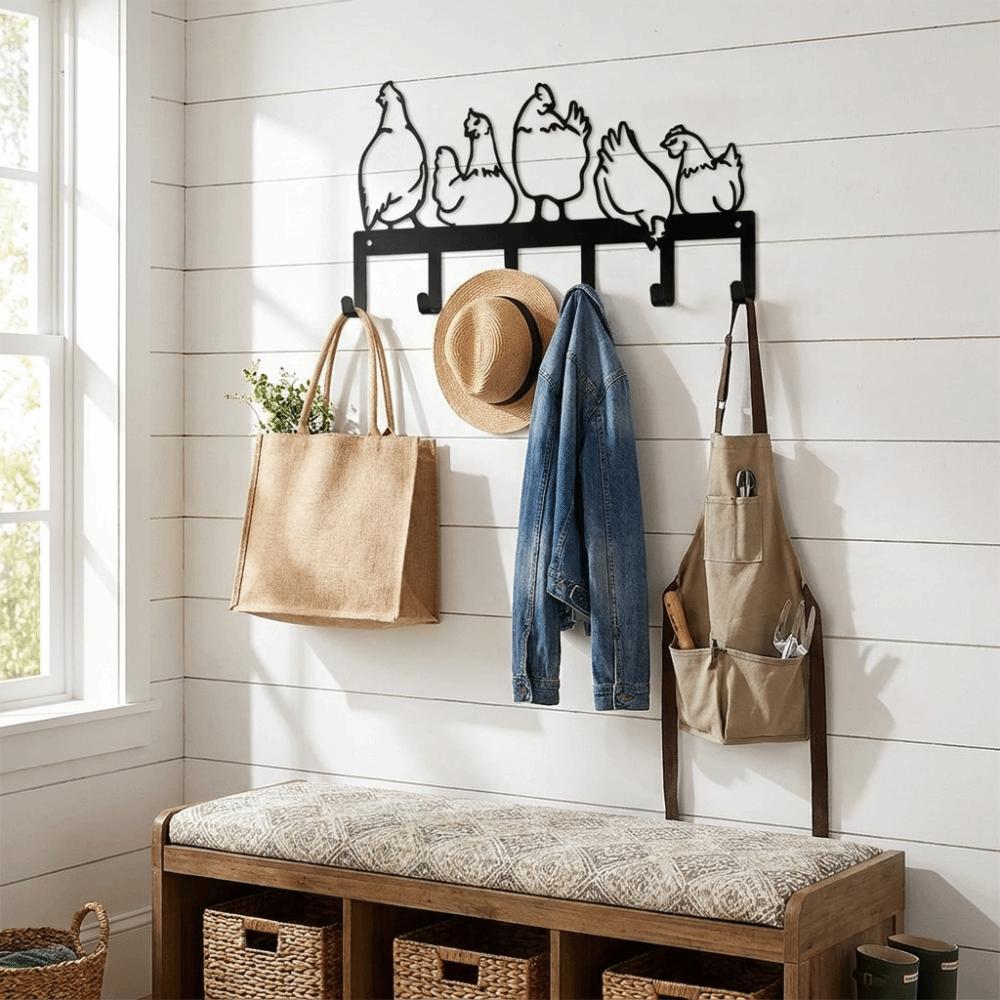 Five Hen Silhouette Wall Hanging Key Holder Vintage Clothes Storage Rack Rural Farmhouse