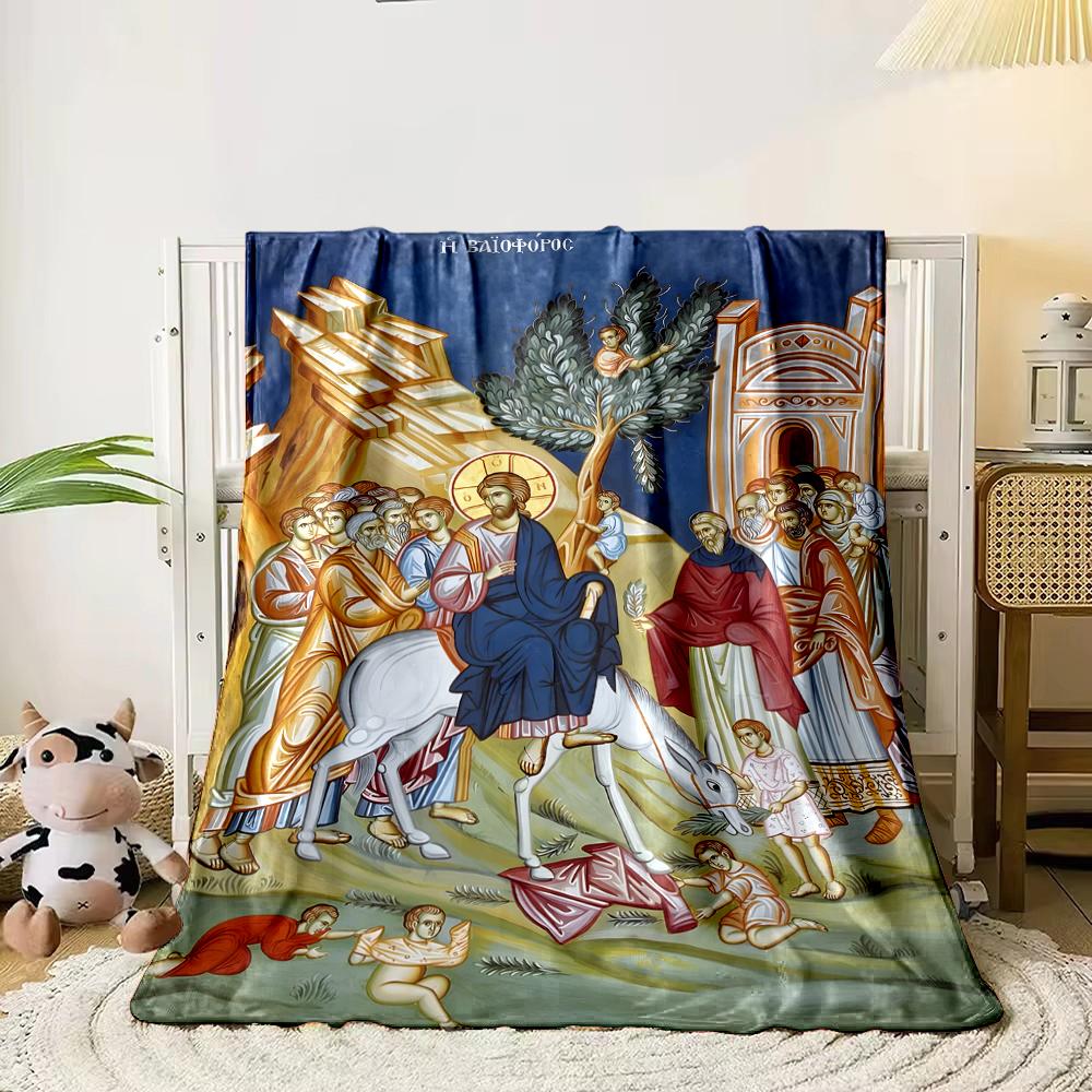 Byzantine-style Christian icon print flannel blanket for bedroom, living room, sofa, and naps