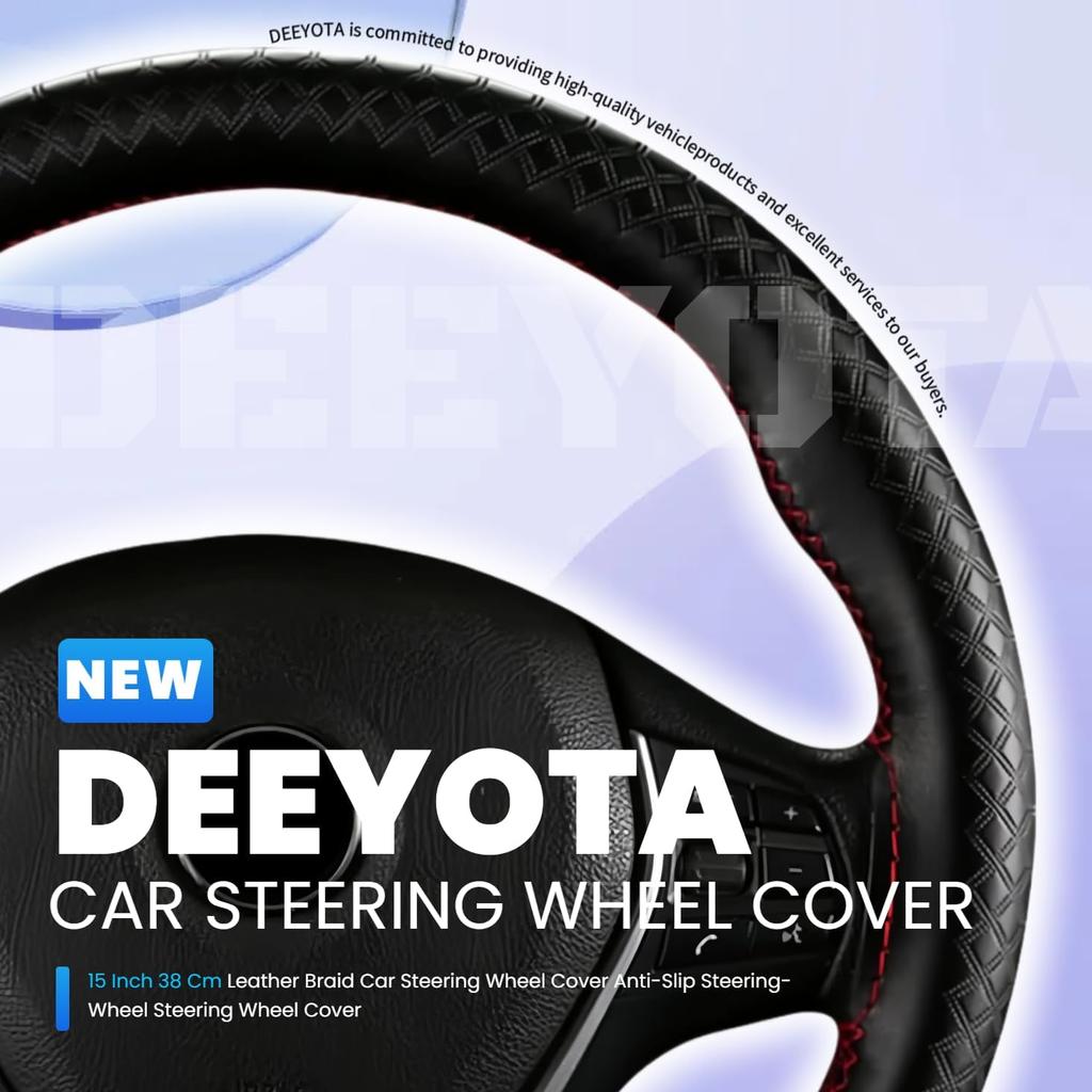 DEEYOTA Car Steering Wheel Cover Universal Fit Round Stitch Steering Wheel Wrap Thin PU Leather Steering Wheel Cover Sewn On 15" Car Wheel (Black)