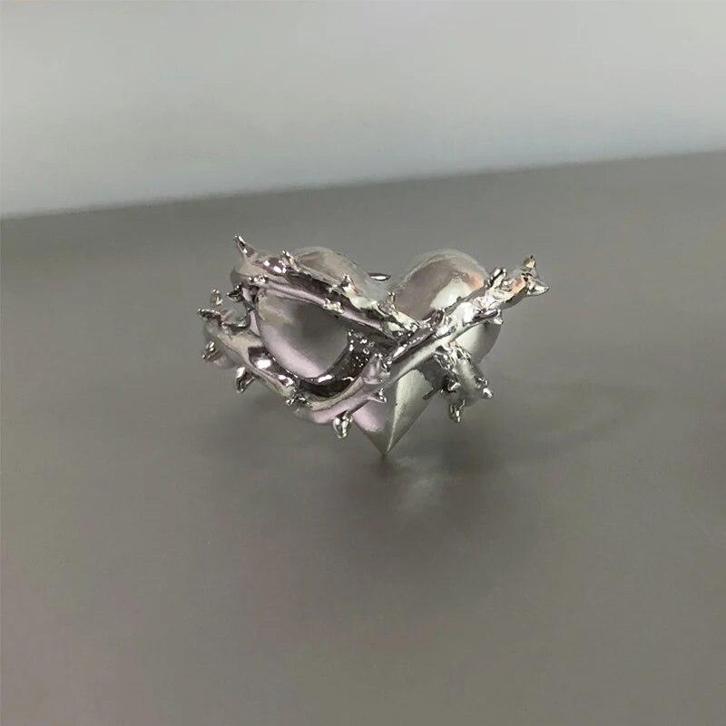 Kpop ретро готическое серебряное металлическое кольцо в форме сердца для женщин и девочек, винтажные открытые кольца с кристаллами Y2k, кольца с геометрической формой в стиле панк, ювелирные изделия для вечеринок