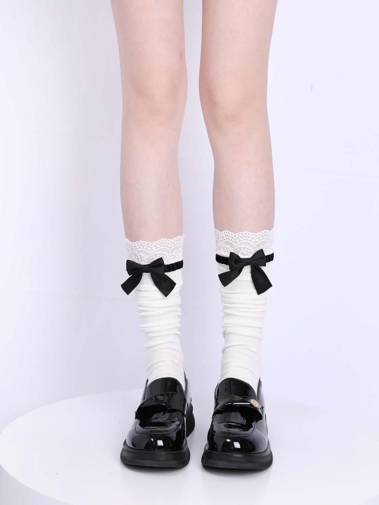 Lolita Lace Frill Mid-Calf Socks with Bow Ribbon - White Ballet Style JK Knee-Highs for Spring & Autumn