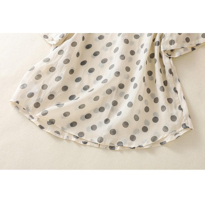 Летняя рубашка в горошек из хлопка и льна с принтом, кардиган с короткими рукавами и лацканами, рубашка, топ для женщин, блузки и рубашки