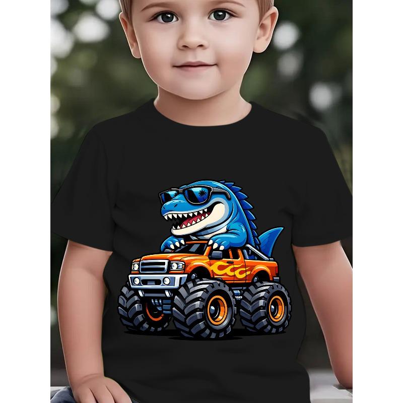 European sizes Summer Boys' Fashion Short-Sleeve T-Shirt with Fashion Glasses T-Rex and Monster Truck Cartoon Print, Outdoor Casual Top