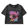 Women Cotton Washed T-Shirts Distressed O-Neck Crop Tops Smile Keep Happy Personality Prints Short Sleeve Street Clothes