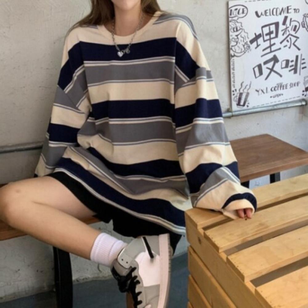 New ArrivalS Open Run Women S Fall Street Stripe Color Block overSized Long Slee