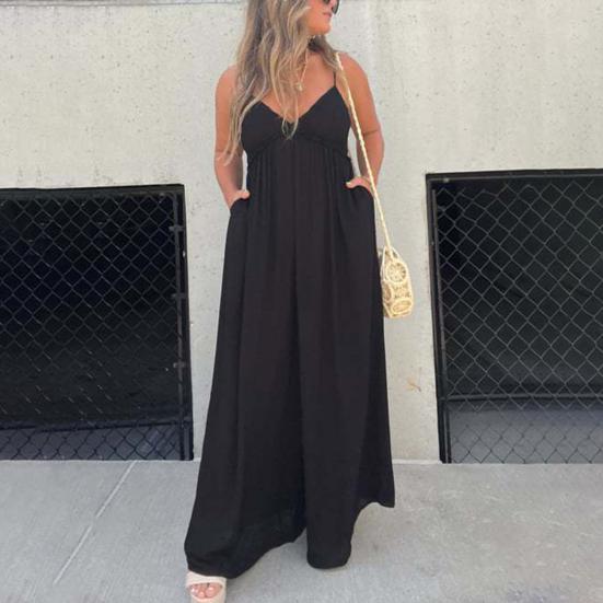 Women Jumpsuit Deep V Neck Backless Wide Pure Leg Loose Sleeveless Color Pleated Spaghetti Strap Casual Vacation Beach