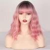 Women Short Ombre Pink Wavy Wig with Bangs Synthetic Fiber Shoulder Length Natural Wavy Ombre Pink Wig Daily Wear