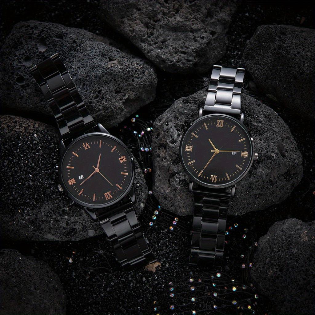 4pcs-Trendy Cross Hip Hop Jewelry Chain Ring Bracelet Necklace Three Piece Set+Casual Quartz Watch, Ring Bracelet Necklace Watch