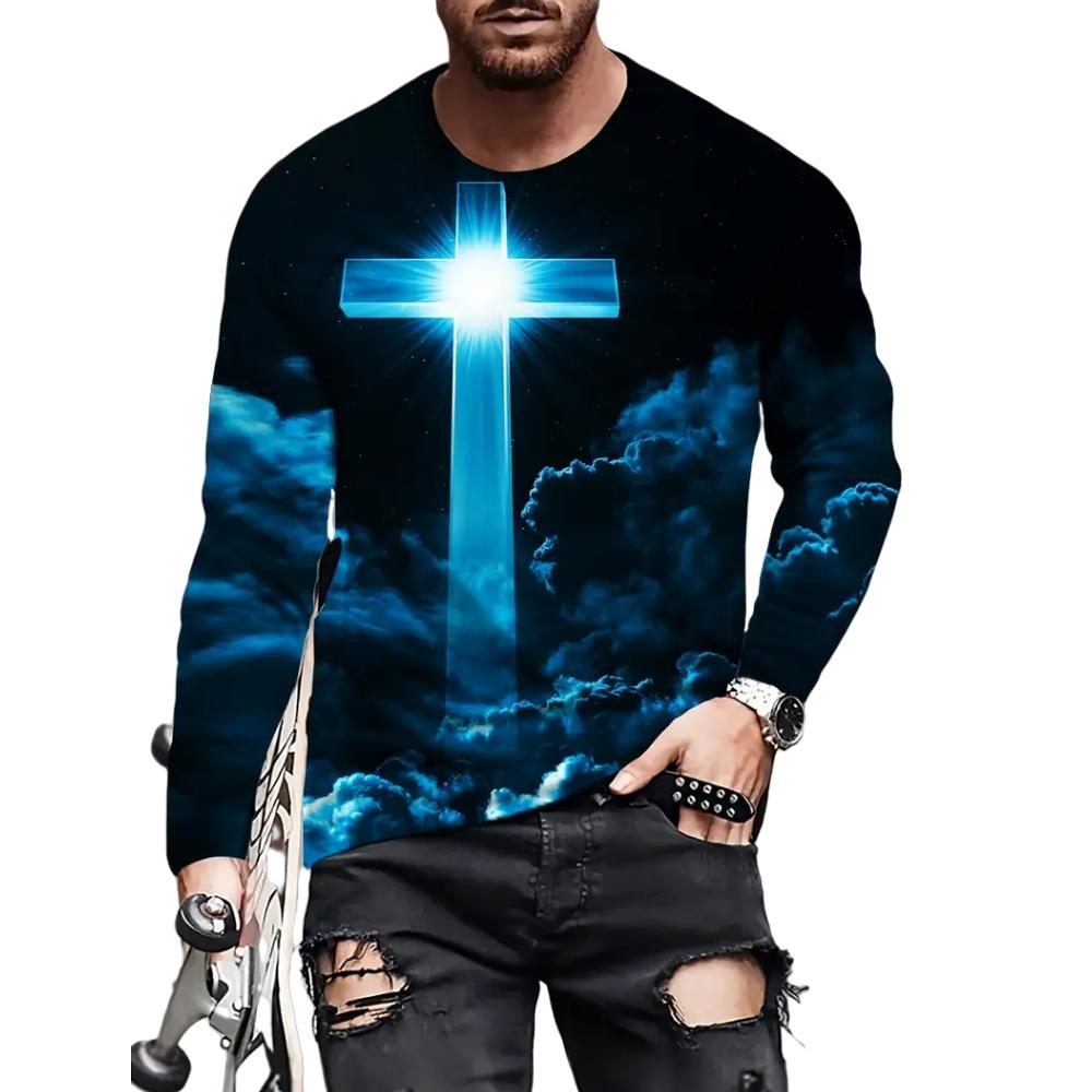 Spring and Autumn Round Neck 3D Cross Printed Top Fashionable Casual Vintage Christian Long Sleeved Men's T-shirts