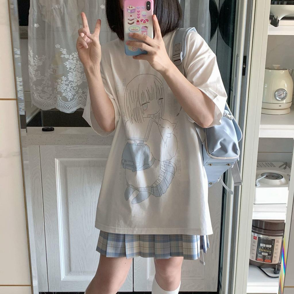 Japanese Kawaii Anime T Shirts Women Sweet Couples Cute Cartoon Print Tshirt Tees White Tops Summer