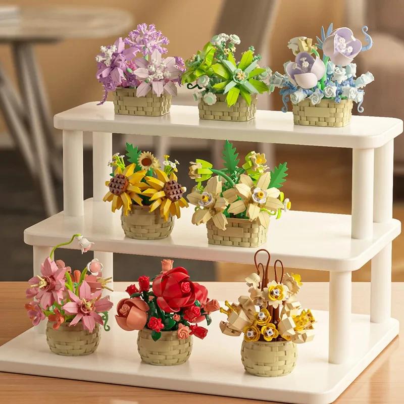 DIY MOC Potted Rose Sunflower Plants Succulents Bonsai Tree Gardens Romantic Building Blocks Model Bricks Kids Sets Kits Toys