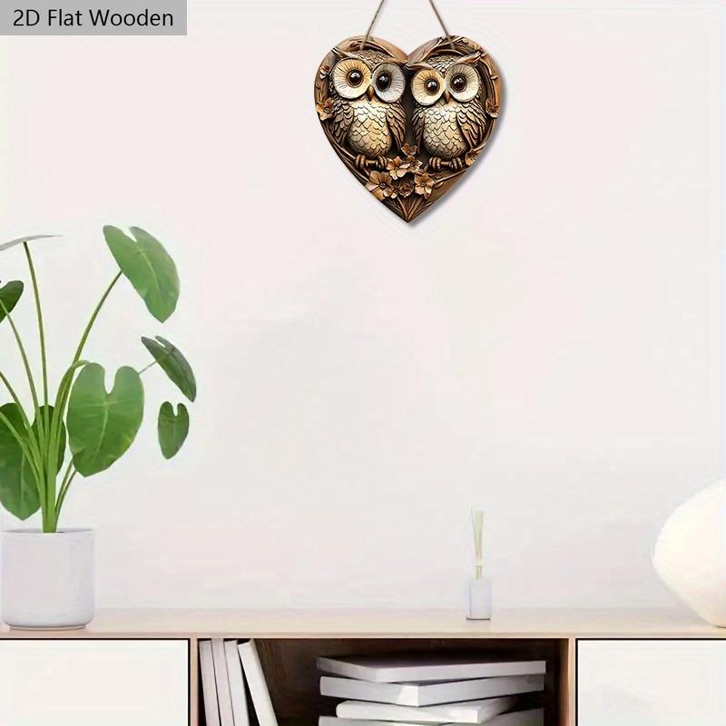 Vintage Couple Owl Wooden Sign with Heart-shaped, Love Ornament for Front Door Wall Hanging Decor, Ideal Home Ornament