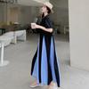 MODIQUE Summer Plus Size New Women Loose Color Contrast Fishtail Skirt A-Line Patchwork Long Dress Female Casual Short Sleeve O-Neck Dresses