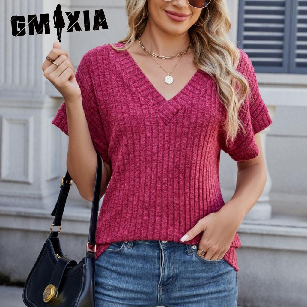 GMXIA Весенняя женская свободная повседневная однотонная футболка с V-образным вырезом и коротким рукавом