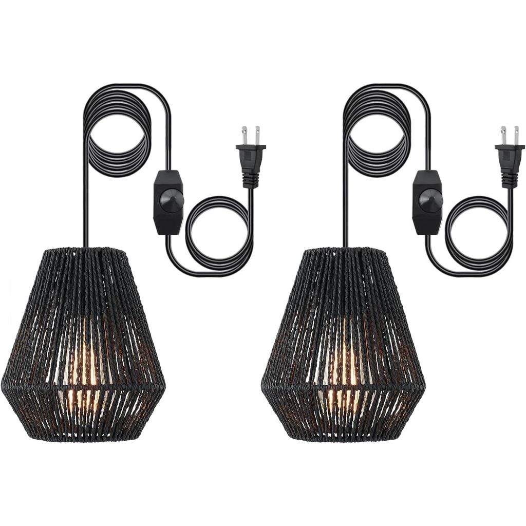 Plug-in Pendant Light,Hanging Lights Fixture With 15ft Cord On/Off Switch,Black Handwoven Rattan Basket Shade Boho Lamp for Bathroom Staircase