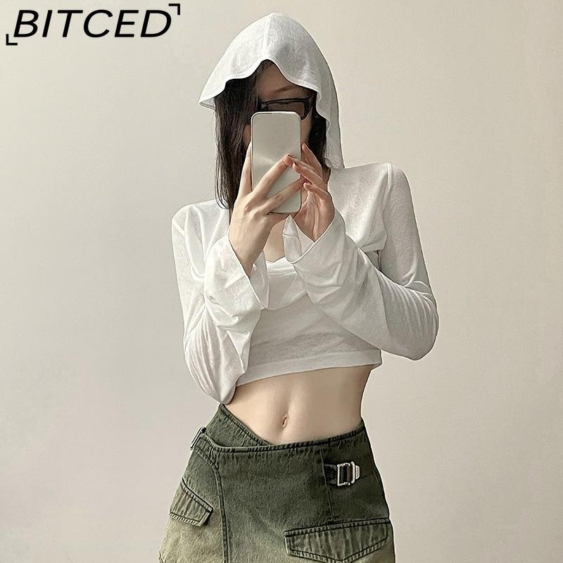 BITCED Spring Women's Solid-Color Slim-Fit Crop Top Fashion V-Neck Hooded Long-Sleeve Sun Protection Shirt