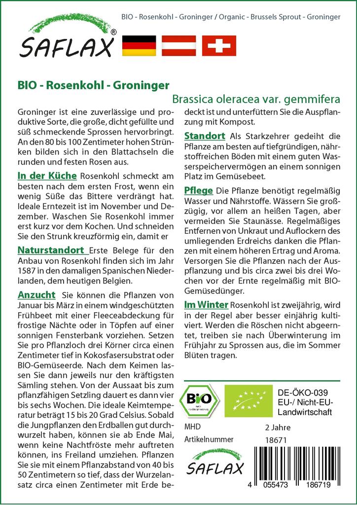 SAFLAX Garden in the Bag - Органический - Брюссельская капуста - Гронингера - 30 семян - С субстратом в подходящем стоячем пакете - Brassica oleracea
