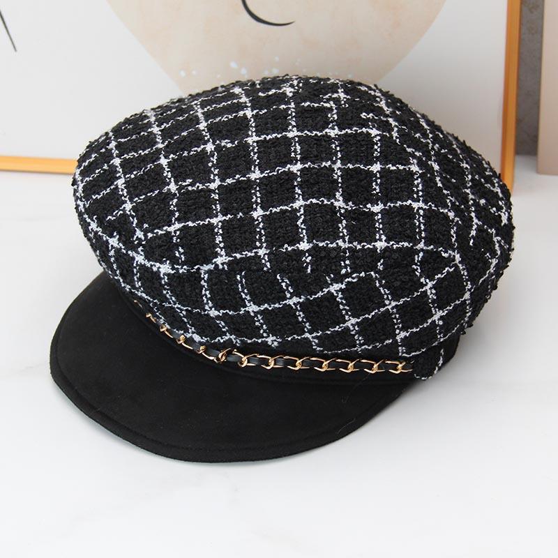 Small fragrant plaid soft brim octagonal hat children autumn and winter elegant fashion versatile metal chain decorative beret