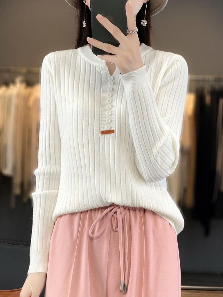 Женский облегающий трикотажный пуловер с длинным рукавом и круглым вырезом на пуговицах, осень 2023