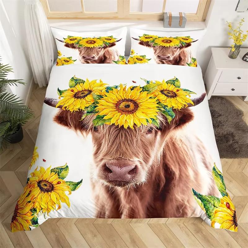 Kids Highland Cattle Flower Duvet Cover Set Farm Animal Bull Cow Comforter Cover Microfiber Western Cowboy Twin King Bedding Set
