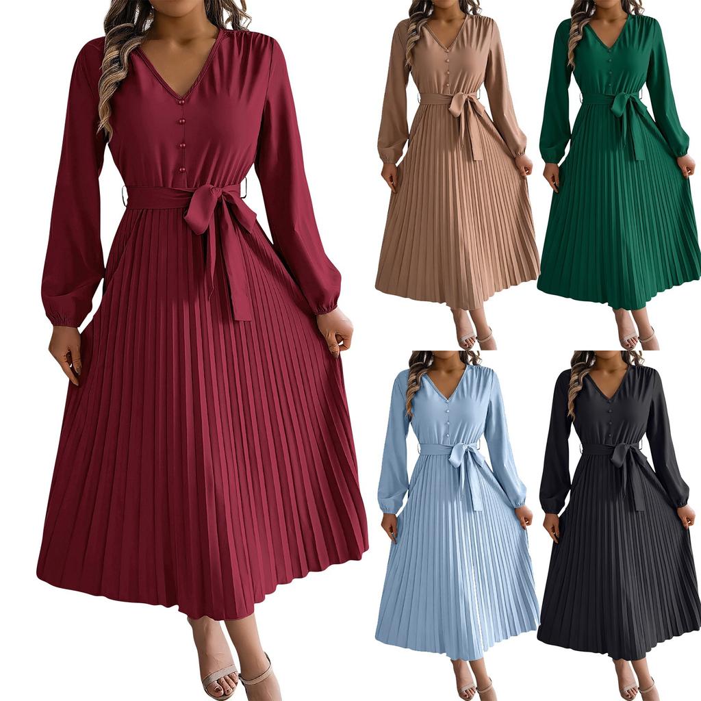 Женское модное ретро-платье в складку с V-образным вырезом, застежкой на пуговицы и длинными рукавами