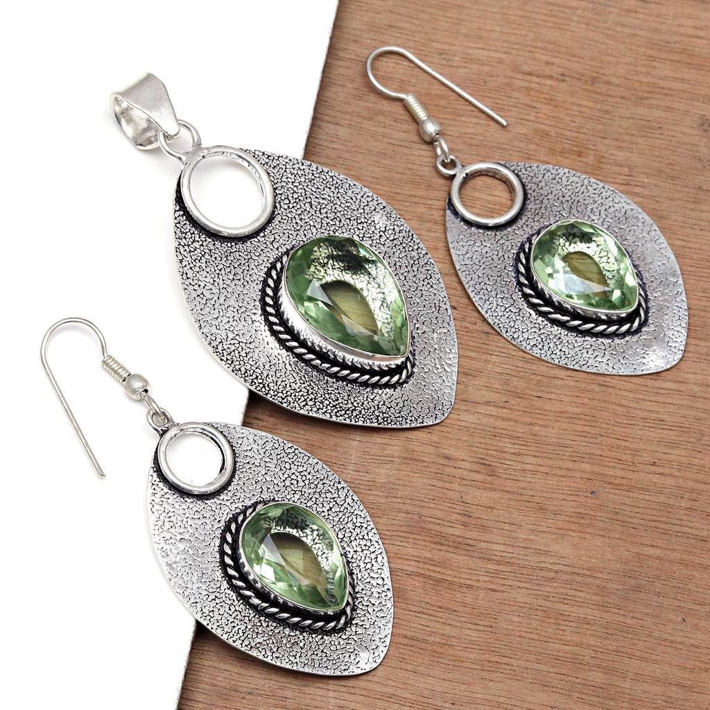 Green Amethyst Gemstone Mother's Day Jewelry Pendant Earring Set