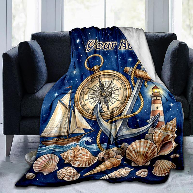 1PC Custom Name Nautical Starry Night Adventure flannel blanket versatile,all-season throw suitable for the living room,bedroom,camping,travel,and gif