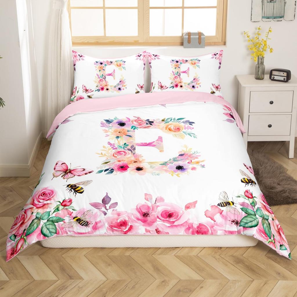 Initial Letter A Duvet Cover for Boys Girls Floral Monogrammed Bedding Set Romantic Rose Alphabet Quilt Cover with 2 Pillow Case