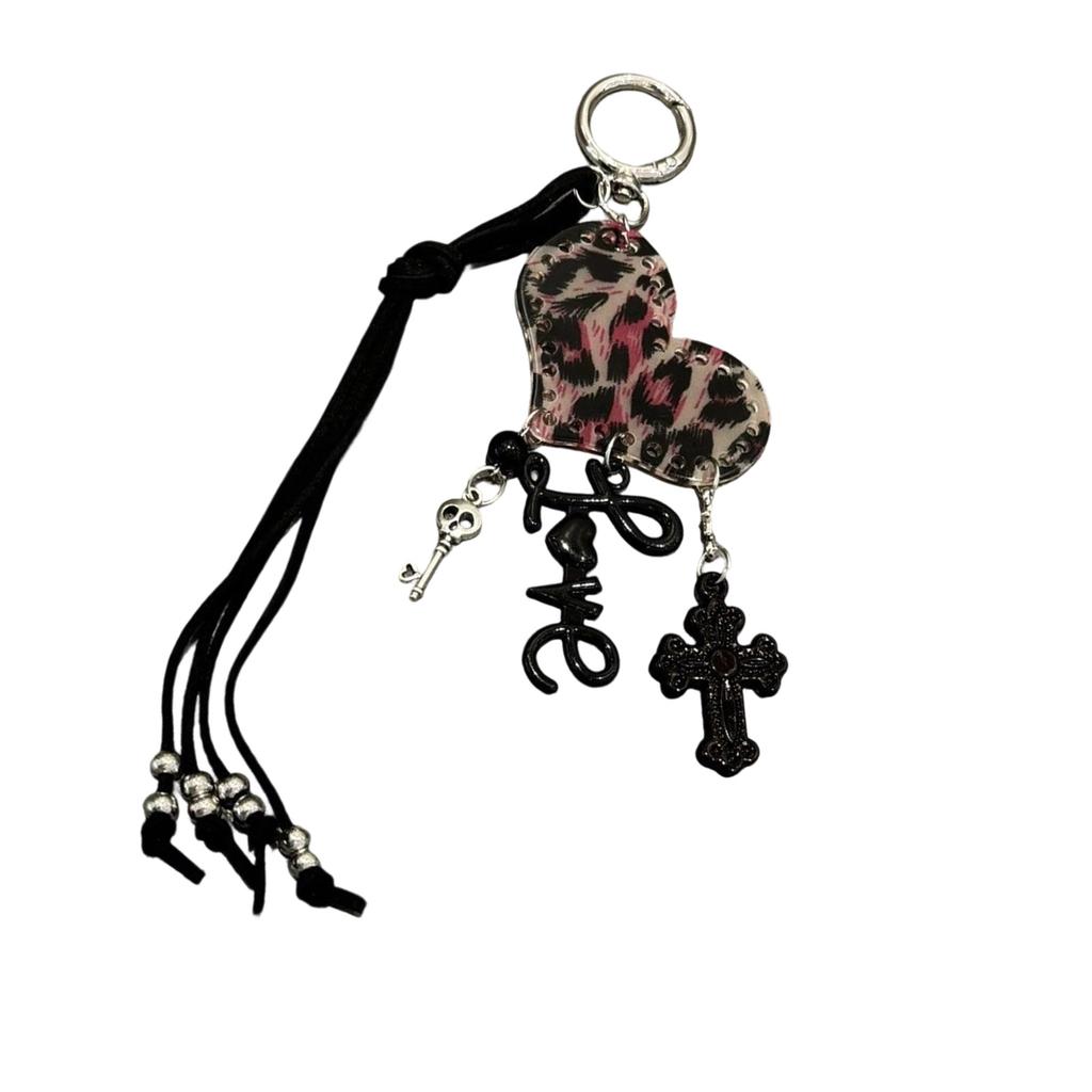 Stylish Leopard Print Heart Keyring Acrylic Pendant Keychain Bag Charm for Women Lady Fashion Accessories