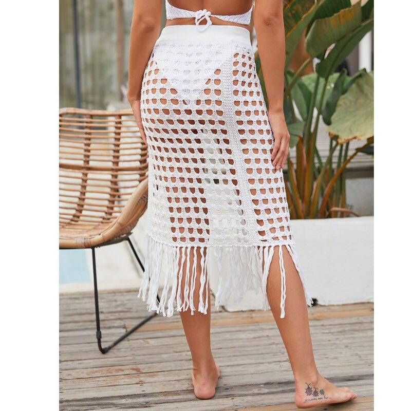 Сексуальная вязаная юбка в пляжном стиле, женские летние юбки с высоким разрезом, белая юбка с бахромой Y2k, женская вечеринка, женский наряд 22299