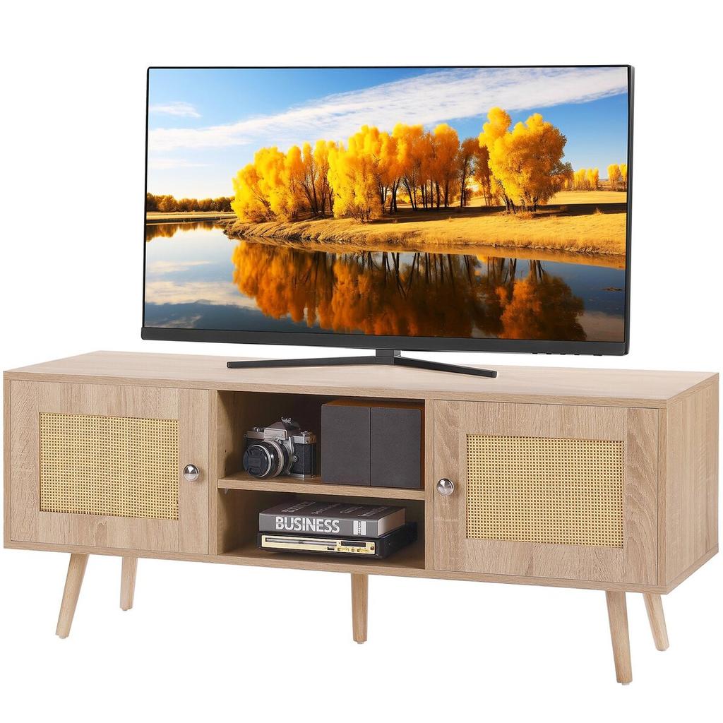 Rattan TV Stand, Boho TV Cabinet for 55 inch TV, Mid Century Modern TV Stand, Rattan TV Console with Adjustable Shelfs for Living Room, Media Room,