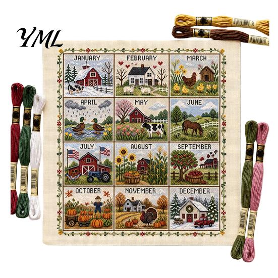 Healing Hobby Gift for Craft Lovers 12-Month Cross Stitch Kit, DIY Four Seasons Embroidery Seasonal Idea Enthusiasts Stamped Stitching Set Beginners,