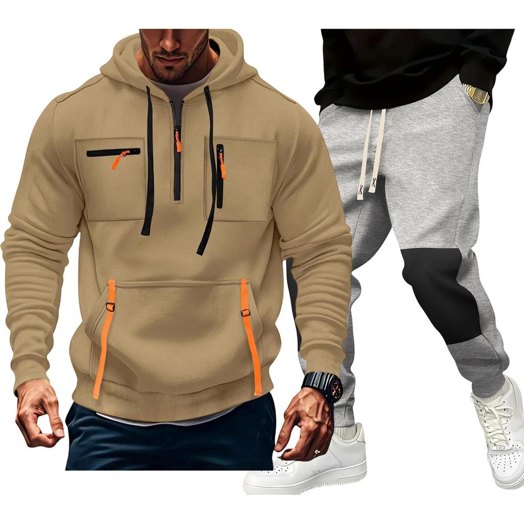 Men'S Hoodie Multi Pocket Hooded Long Sleeved Casual Sports Two-Piece Set
