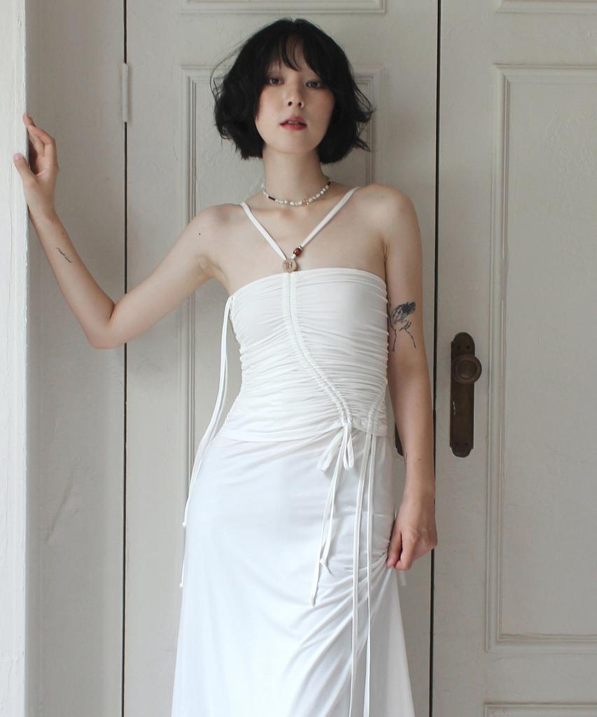 Rubati Shirred Strap Tube Top Dress_White
