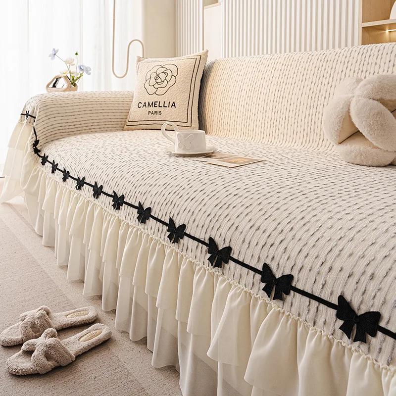 French Skirt Edge Sofa Towel with Bow Tie Luxury Striped Sofa Protector for All Seasons Beautiful All Inclusive Home Accessories