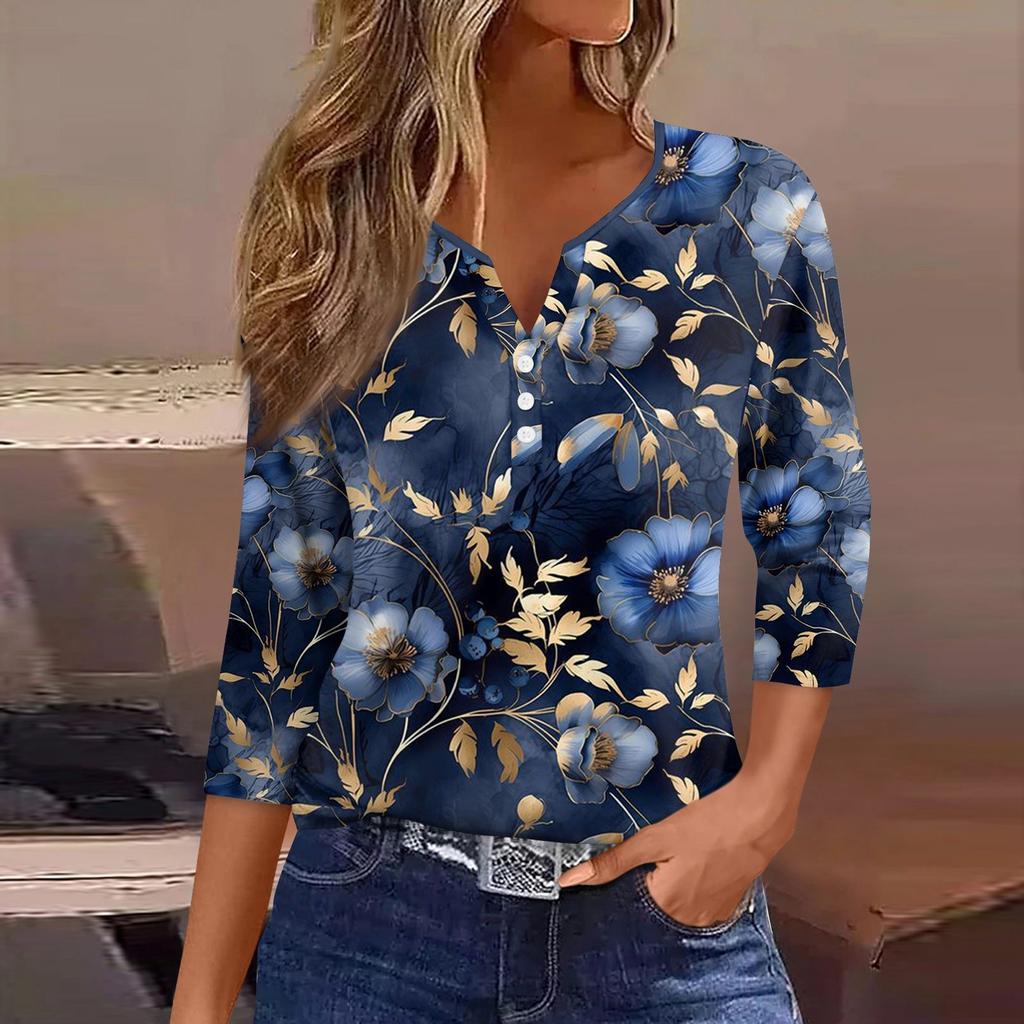 Жен. Футболка Футболка С принтом Пуговицы Рукав 3/4 Повседневные Выходные Мода Классический Классический V-образный вырез Обычный Верх