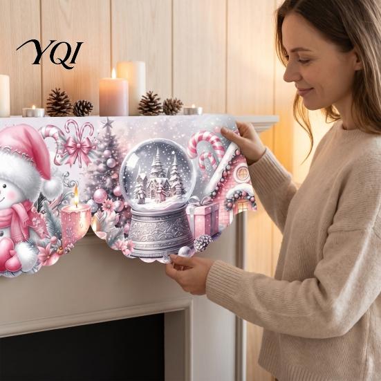 Religious Christmas Decoration Fireplace Mantel Scarf, Decorative Runner Cover, Snowman Santa Claus Snowy Sideboard Village Scene Covering Guard