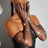 1 Pair Women Prom Arm Sleeves See-through Hollow Out Fishnet Rhinestone Decor Ultra Thin Fingerless Performances Bride Wedding Photo Prop Arm Cuffs