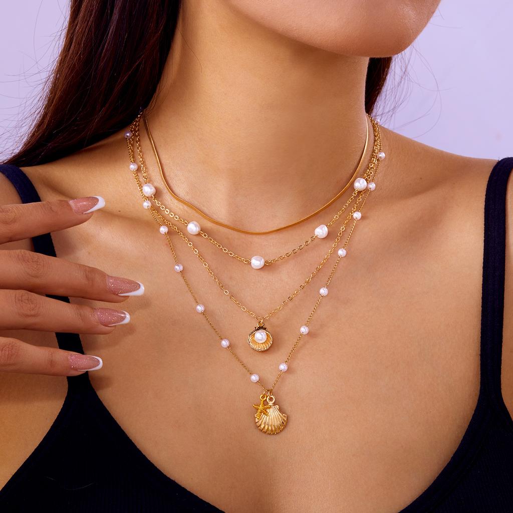 4Pcs Starfish Shell Imitation Pearl Necklaces Set for Women Simple Chain Multi-layer Necklaces Trendy Summer Beach Jewelry Gift