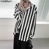 INCERUN Men Long Sleeve Lapel Neck Hollow Out Striped Print Casual Oversized Shirts Tops