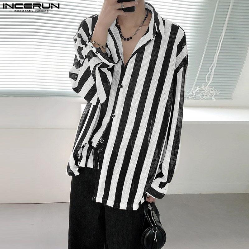 INCERUN Men Long Sleeve Lapel Neck Hollow Out Striped Print Casual Oversized Shirts Tops