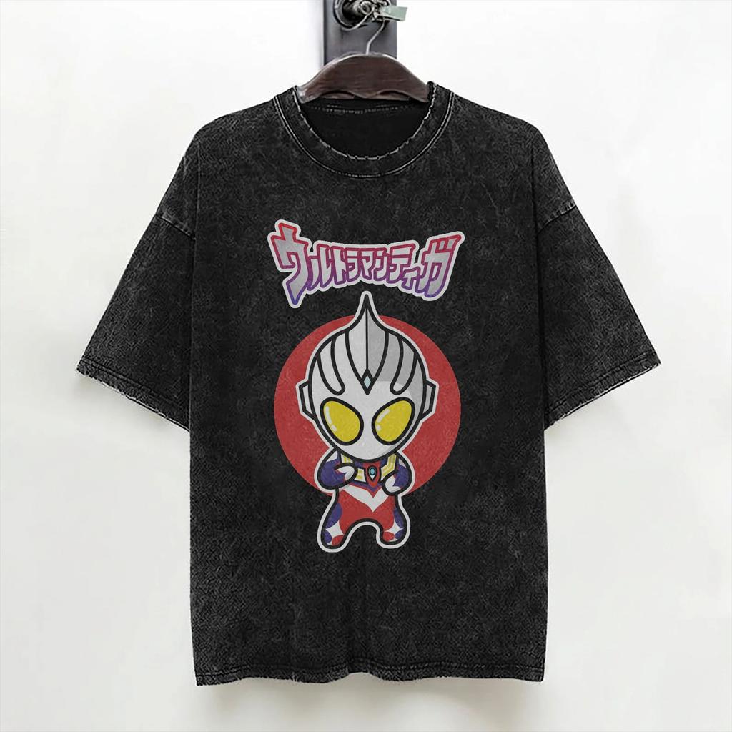 Ultraman Tiga Multi Type Chibi Style Kawaii T Shirt Hip Hop Washed Cotton High Street TShirts Men Tops Streetwear Tee Shirt